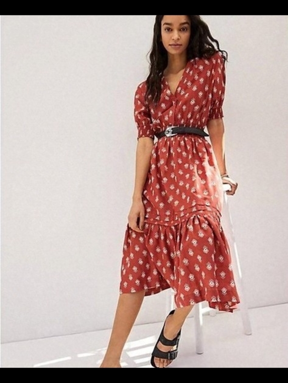 Anthropologie Rust Orange Midi Dress with Puff Sleeves